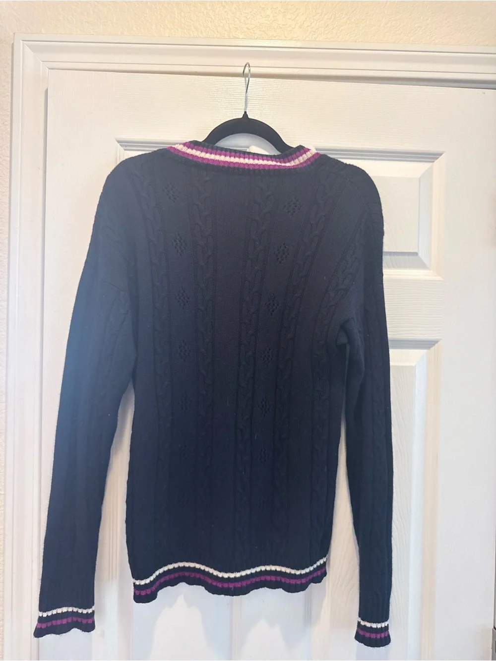 CHANEL Navy V-Neck Cable Knit Sweater with Pink & White Trim